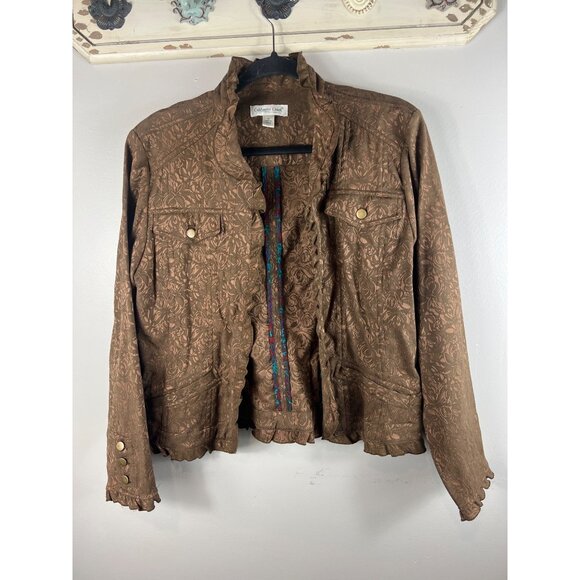 Coldwater Creek Brown Floral Roses Ruffled Hem Jacquard Jacket Medium - Picture 1 of 9